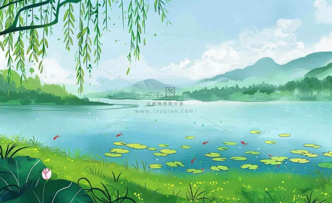 春夏风景湖泊荷花柳树立夏小暑夏至插画背景