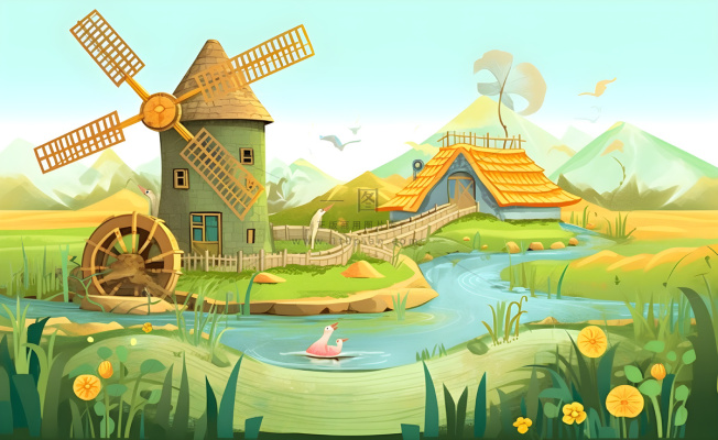 春天田园绿色自然风车水河流畜牧插画素材背景 春天田园绿色自然风车水河流畜牧插画素材背景