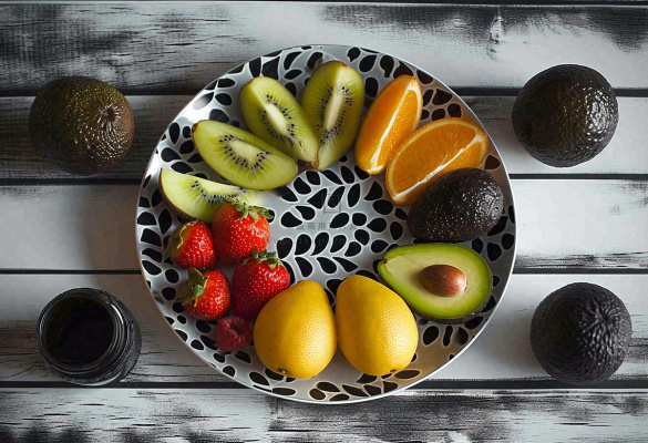 美食水果拼盘早餐沙拉咖啡，牛油果香蕉草莓奇异果果汁摄影图