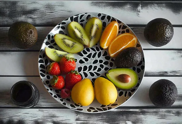 美食水果拼盘早餐沙拉咖啡，牛油果香蕉草莓奇异果果汁摄影图