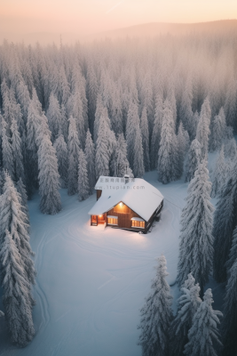 大雪森林深处的木屋摄影图