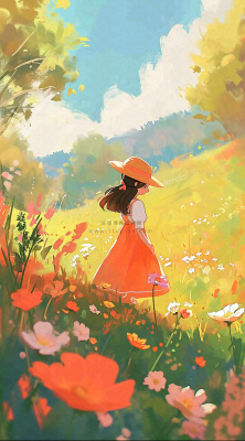 油画女孩春天踏青郊游山脉鲜花草地,春分,插画手绘 油画女孩春天踏青郊游山脉鲜花草地,春分,插画手绘