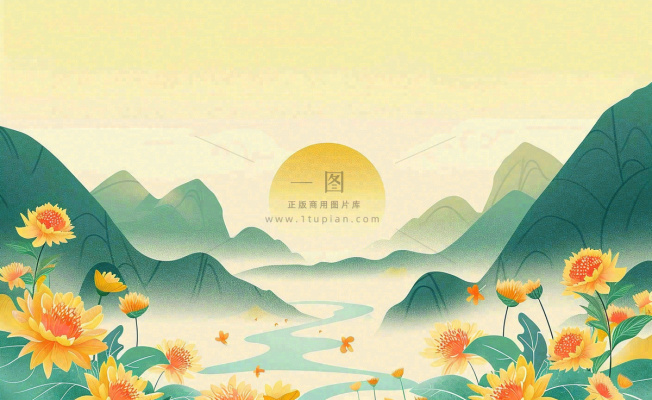金秋菊花山水国潮插画中秋重阳立秋秋分插画背景