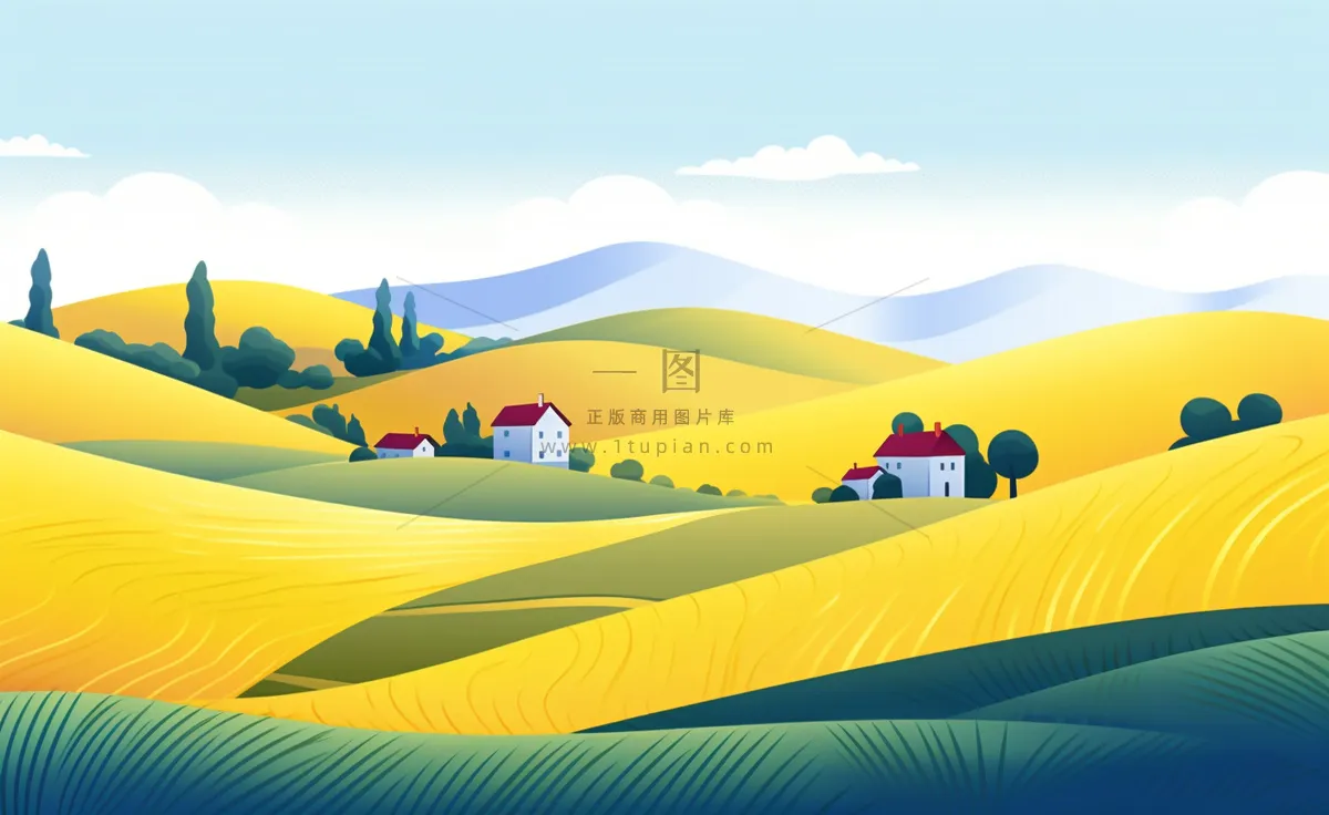 乡村村庄美丽风景河流插画农田插画背景