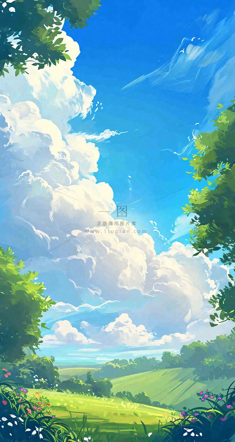 蓝天白云小花绿树树木草地插画手绘,春天春分