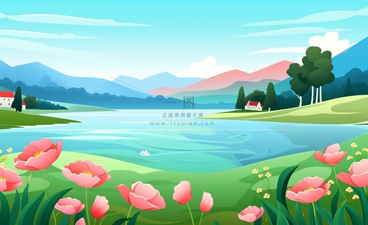 乡村村庄美丽风景河流插画农田插画背景