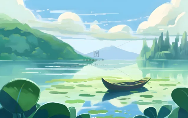 湖中泛舟山森林绿叶花风景插画海报素材背景 湖中泛舟山森林绿叶花风景插画海报素材背景