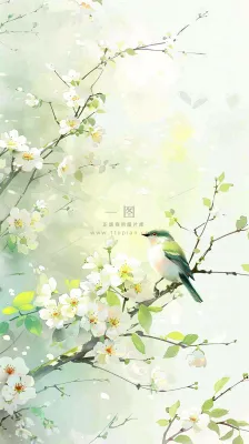 春天繁华盛开树枝小鸟春意小清新唯美立春惊蛰插画背景 春天繁华盛开树枝小鸟春意小清新唯美立春惊蛰插画背景