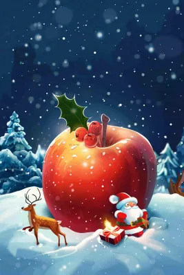 冬天雪地里的红苹果圣诞树圣诞老人童话平安夜圣诞节卡通插画背景 冬天雪地里的红苹果圣诞树圣诞老人童话平安夜圣诞节卡通插画背景