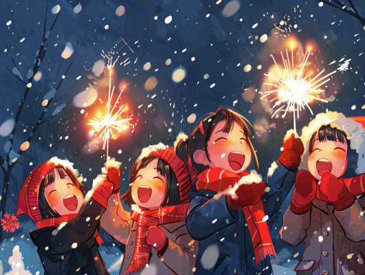 孩童儿童一起放烟花场景开心热闹庆祝新年春节小年除夕夜卡通插画背景 孩童儿童一起放烟花场景开心热闹庆祝新年春节小年除夕夜卡通插画背景