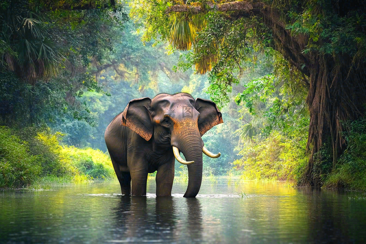 云南森林河流大象象群野生动物保护动物摄影图