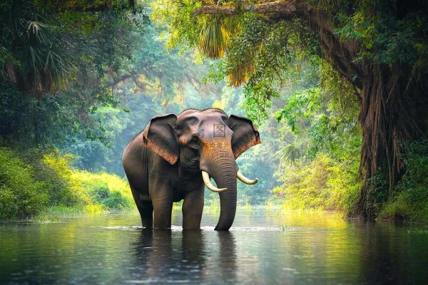 云南森林河流大象象群野生动物保护动物摄影图