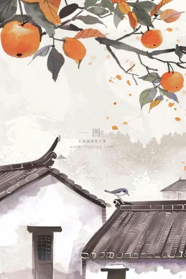 秋天婺源村庄柿子树老式建筑屋檐中国风国画水彩立秋秋分处暑背景 秋天婺源村庄柿子树老式建筑屋檐中国风国画水彩立秋秋分处暑背景
