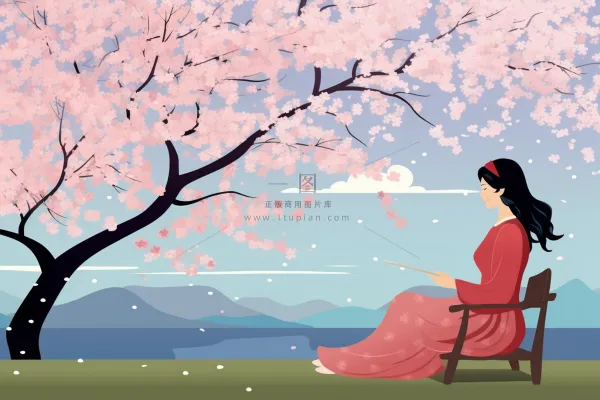 春天樱花树下的女生人物卡通插画背景
