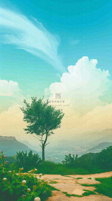 蓝天白云草地树木建筑，春天