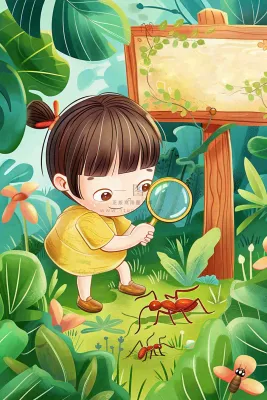 儿童学生森林冒险放大镜观察蚂蚁户外探险儿童节卡通插画背景 儿童学生森林冒险放大镜观察蚂蚁户外探险儿童节卡通插画背景
