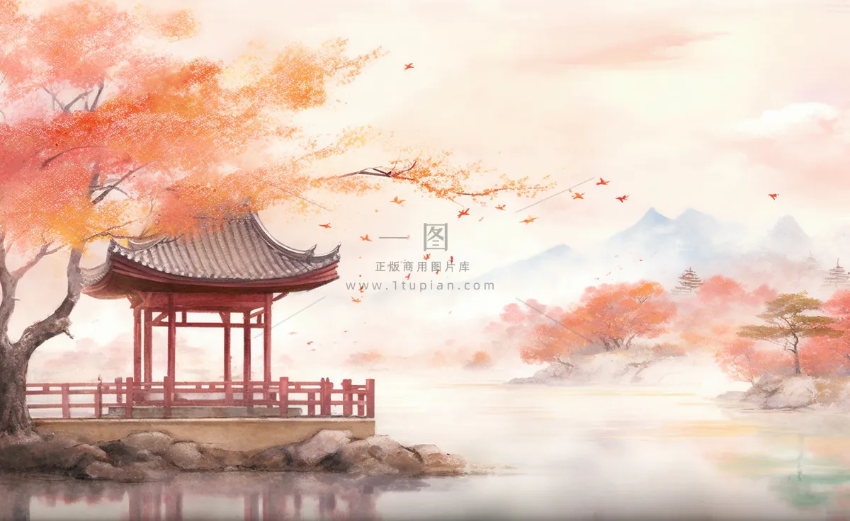秋季枫叶晚亭山水湖面倒影美景中国风水墨画插画背景