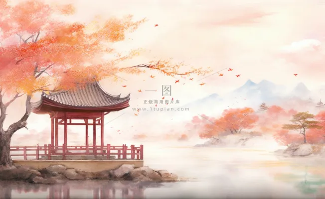 秋季枫叶晚亭山水湖面倒影美景中国风水墨画插画背景 秋季枫叶晚亭山水湖面倒影美景中国风水墨画插画背景