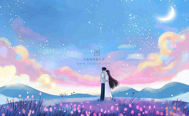 浪漫夜晚月光下花丛里的恋人情侣相拥梦幻场景七夕情人节卡通插画背景