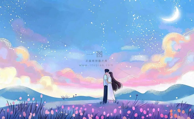 浪漫夜晚月光下花丛里的恋人情侣相拥梦幻场景七夕情人节卡通插画背景