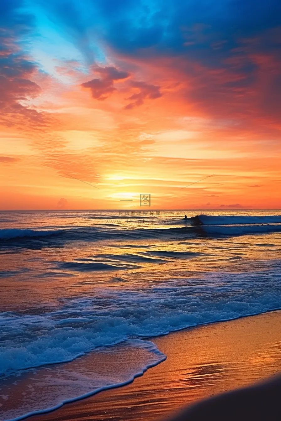 夕阳落日海边沙滩潮汐晚霞倒影美景摄影图