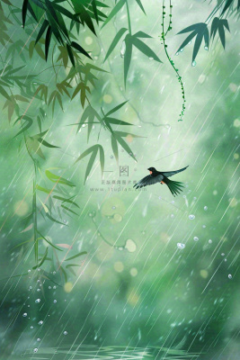 绿色简约小清新柳树雨天燕子雨水谷雨插画背景 绿色简约小清新柳树雨天燕子雨水谷雨插画背景