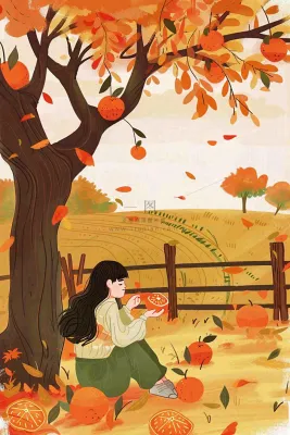 秋天橘子树下的女孩果实果树丰收立秋秋分卡通插画背景 秋天橘子树下的女孩果实果树丰收立秋秋分卡通插画背景