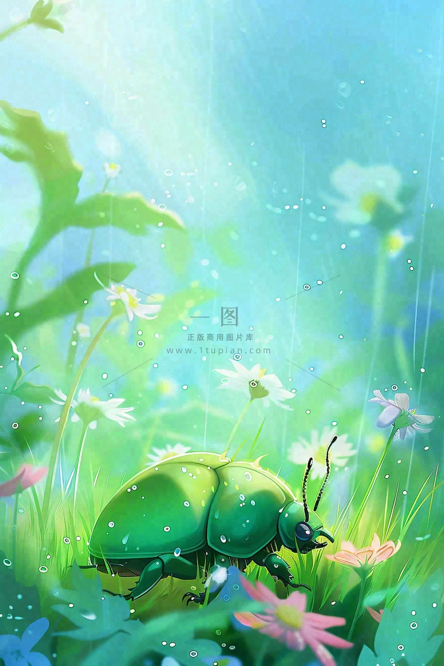 春天绿色甲壳虫昆虫草丛花朵雨水谷雨惊蛰卡通插画背景