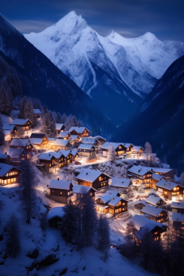 雪山下的小镇灯火通明摄影图