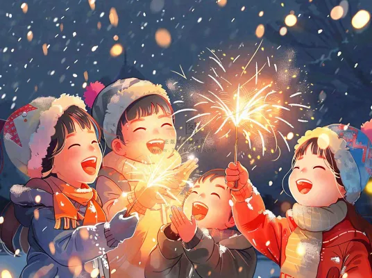 孩童儿童一起放烟花场景开心热闹庆祝新年春节小年除夕夜卡通插画