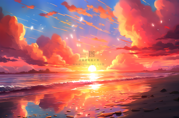 夕阳西下日落多云的天空洋溢着青春活力的风插画背景