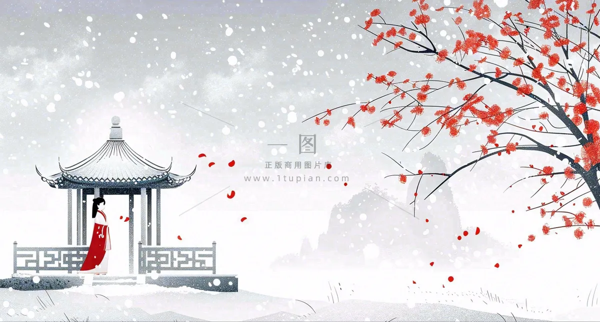 古风冬天雪景红衣女孩梅花雪地里的凉亭大雪小雪冬至中国风插画背景