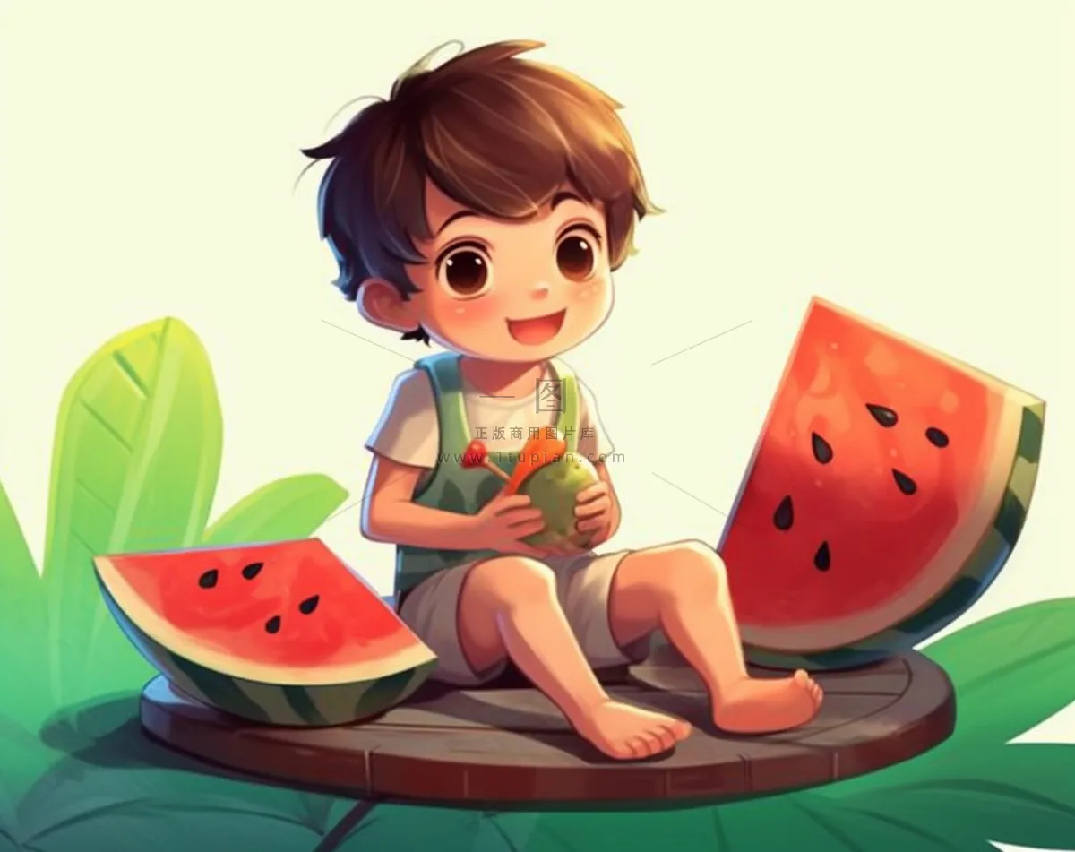 夏日卡通插画儿童吃西瓜动漫风背景