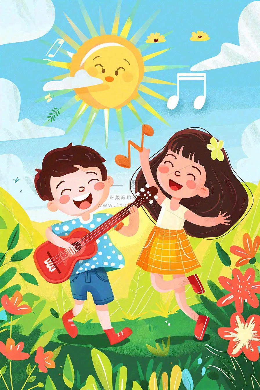 夏日音乐会乐器弹唱儿童草坪欢乐儿童节夏至卡通插画背景