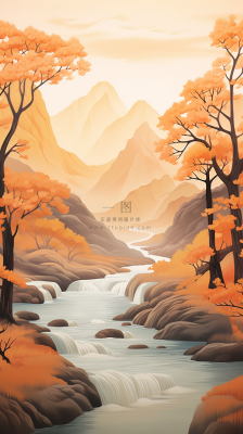 国风山水画河流花草国画水墨画素材背景