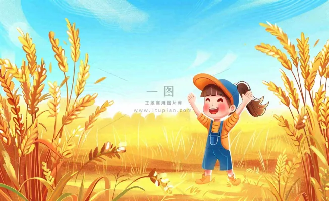 秋天丰收季麦田农田麦穗儿童嬉戏游玩芒种立秋处暑秋分卡通插画背景