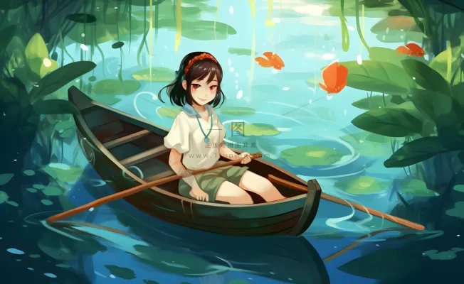 在湖中划船的女孩睡莲绿叶插画海报背景 在湖中划船的女孩睡莲绿叶插画海报背景