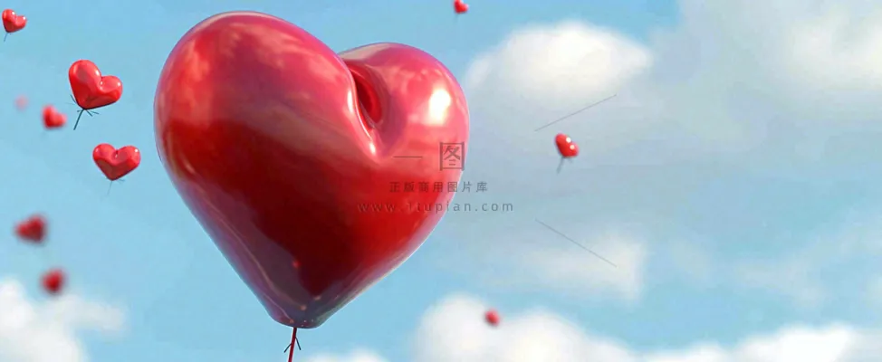 蓝天白云红色爱心气球情人节浪漫爱情摄影图