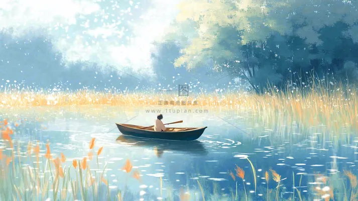秋天湖面泛舟的人落叶芦苇寒露白露插画背景 秋天湖面泛舟的人落叶芦苇寒露白露插画背景