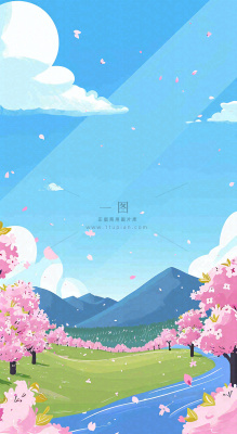 春天浪漫粉色樱花山脉河流蓝天白云清新手绘扁平插画,立春惊蛰 春天浪漫粉色樱花山脉河流蓝天白云清新手绘扁平插画,立春惊蛰