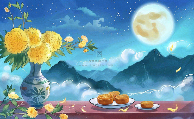 中秋夜晚赏月月饼饮茶黄花菊花桂花国风插画背景 中秋夜晚赏月月饼饮茶黄花菊花桂花国风插画背景