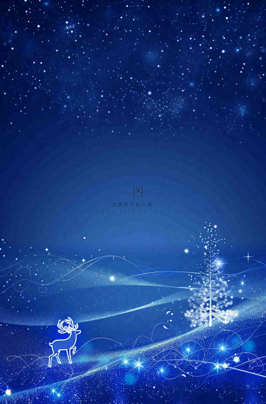 夜晚蓝色星空月亮麋鹿圣诞树平安夜圣诞节梦幻插画背景