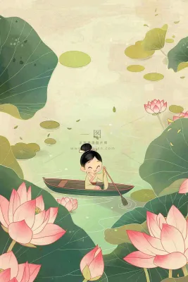 夏日荷花荷叶划船女孩古风国风插画立夏小暑大暑处暑插画背景 夏日荷花荷叶划船女孩古风国风插画立夏小暑大暑处暑插画背景