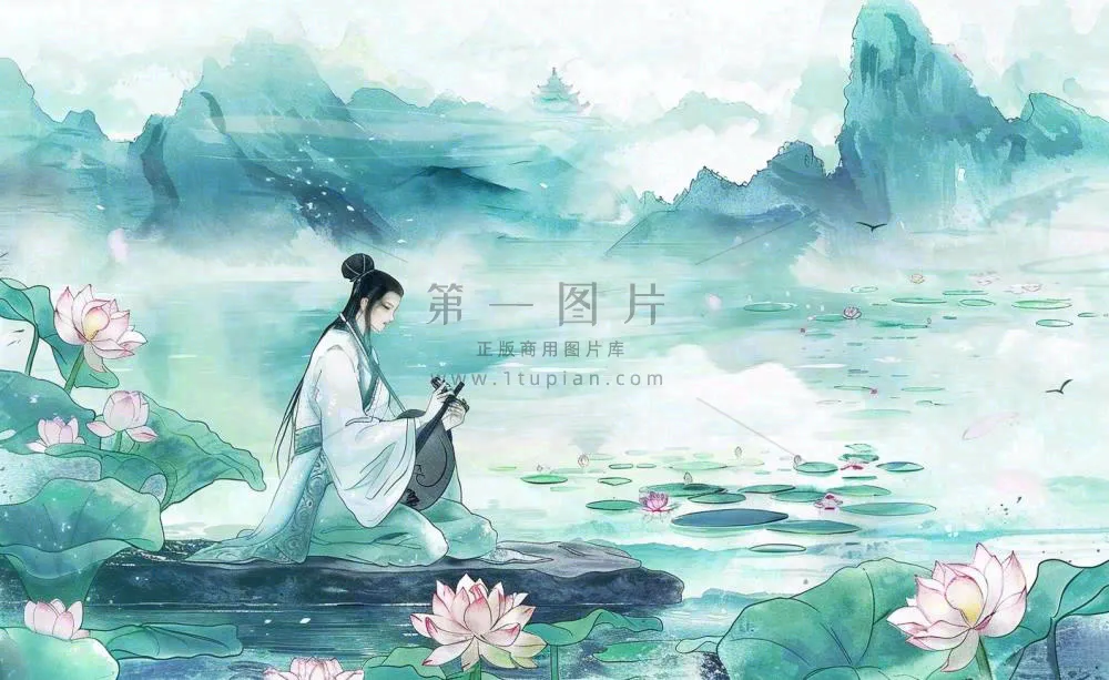 古风屈原人物山水画荷花端午时节中国风水墨插画背景
