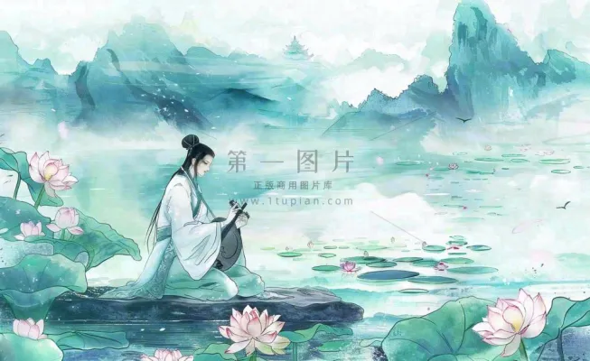 古风屈原人物山水画荷花端午时节中国风水墨插画背景 古风屈原人物山水画荷花端午时节中国风水墨插画背景