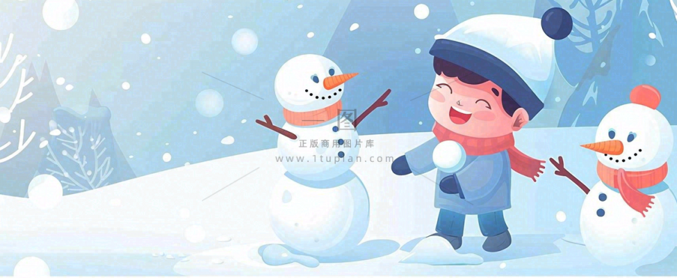 冬天白雪地里的小男孩在堆雪人可爱卡通插画小寒立冬大雪背景