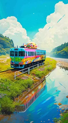 城市交通乡村铁路高铁，户外蓝天白云河边