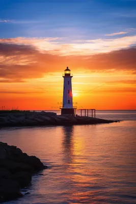 夕阳落日海面的灯塔余晖倒影美景摄影图
