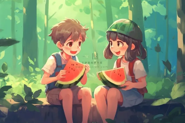 夏日卡通插画儿童吃西瓜动漫风背景 夏日卡通插画儿童吃西瓜动漫风背景