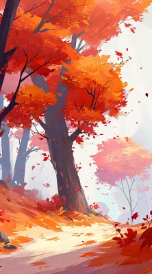 秋天红色秋叶树落叶温馨自然风景，立秋手绘插画